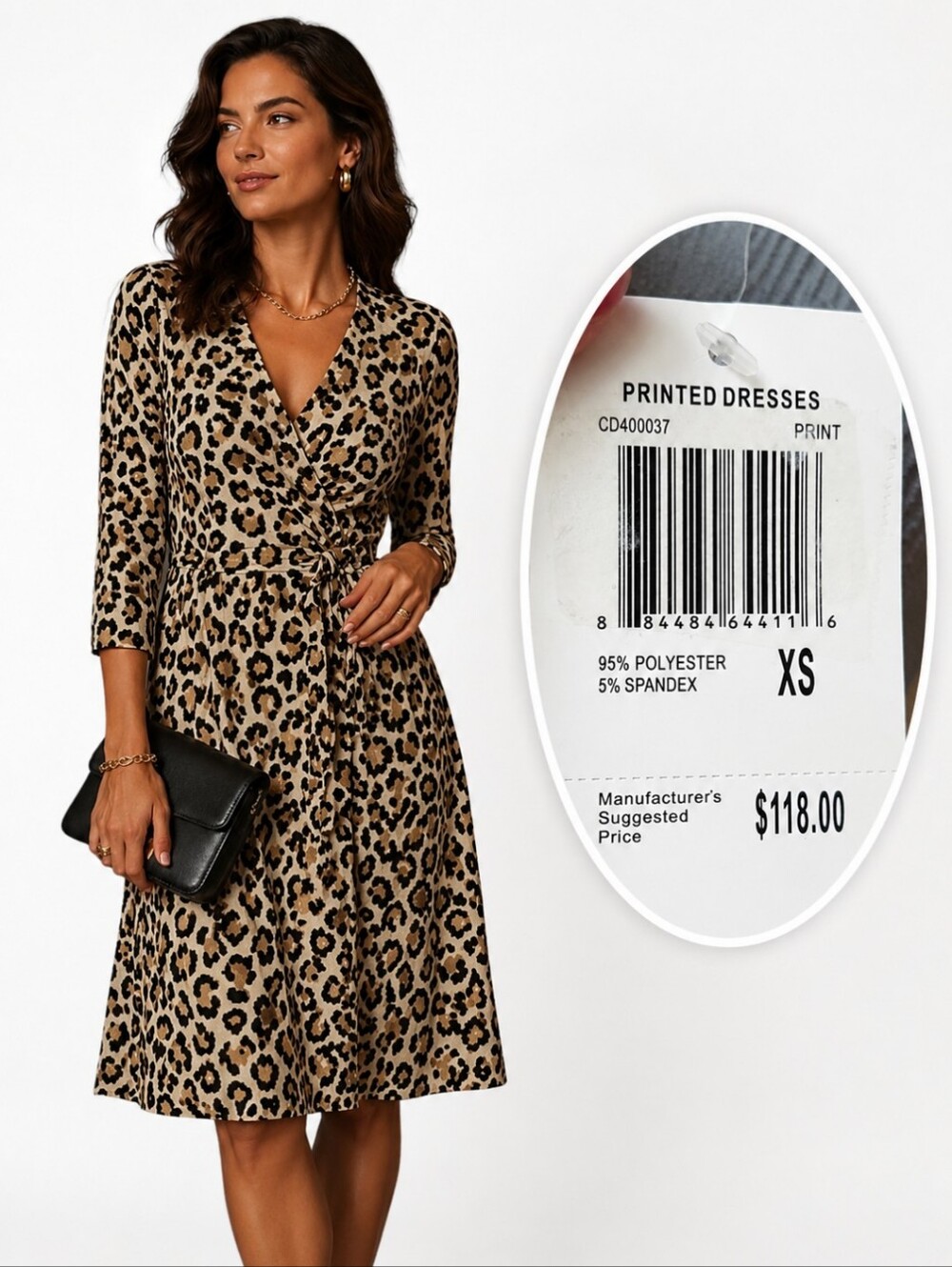 New Carmen Marc Valvo Leopard Print V Neck Faux Wrap Dress Rich Lady NWT Sz XS